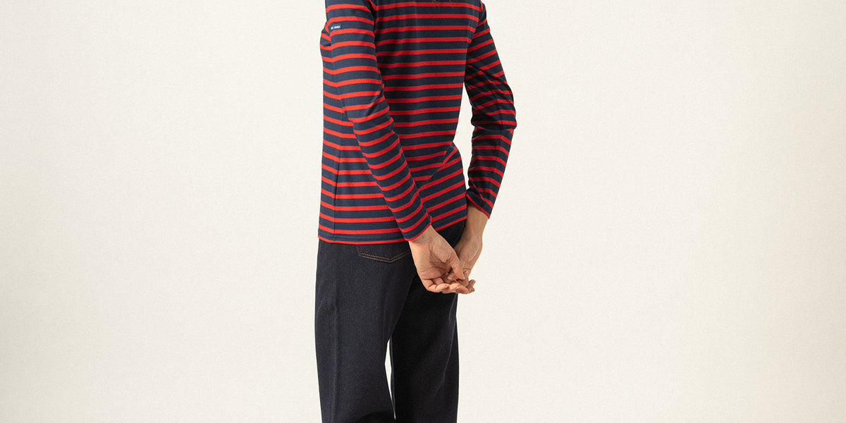 MINQUIDAME Breton Striped Shirt with Long Sleeve Soft Cotton Women  Fit (NAVY RED)