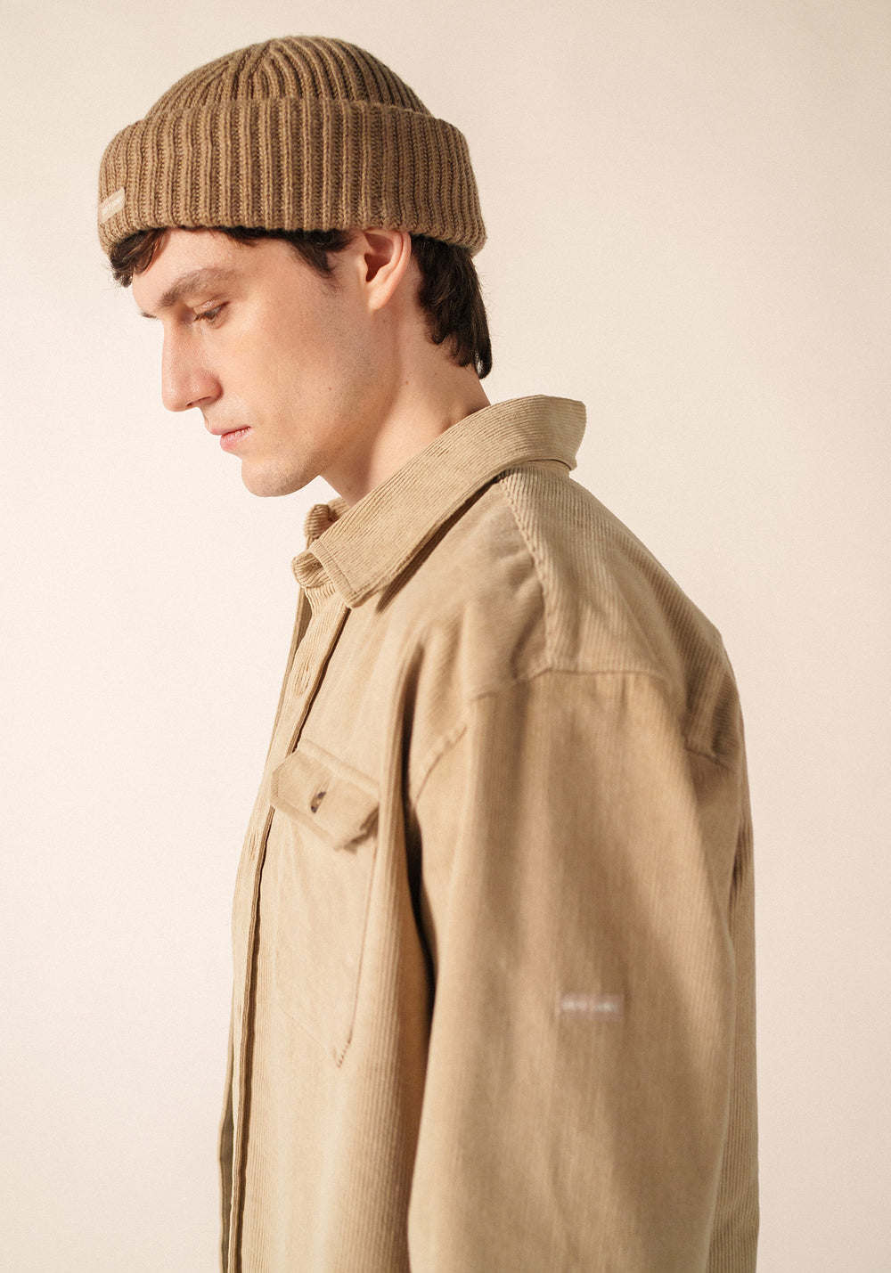 MIKI MAILLE - Short Ribbed Knit Fisherman Beanie (DARK BEIGE)