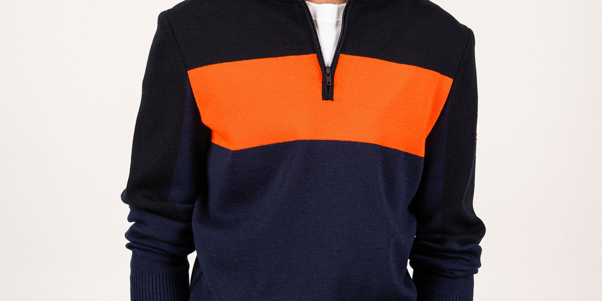 BAYEUX - Quarter Zip Sweater | 100% Wool (DARK BLUE / NAVY / NEON ORANGE)