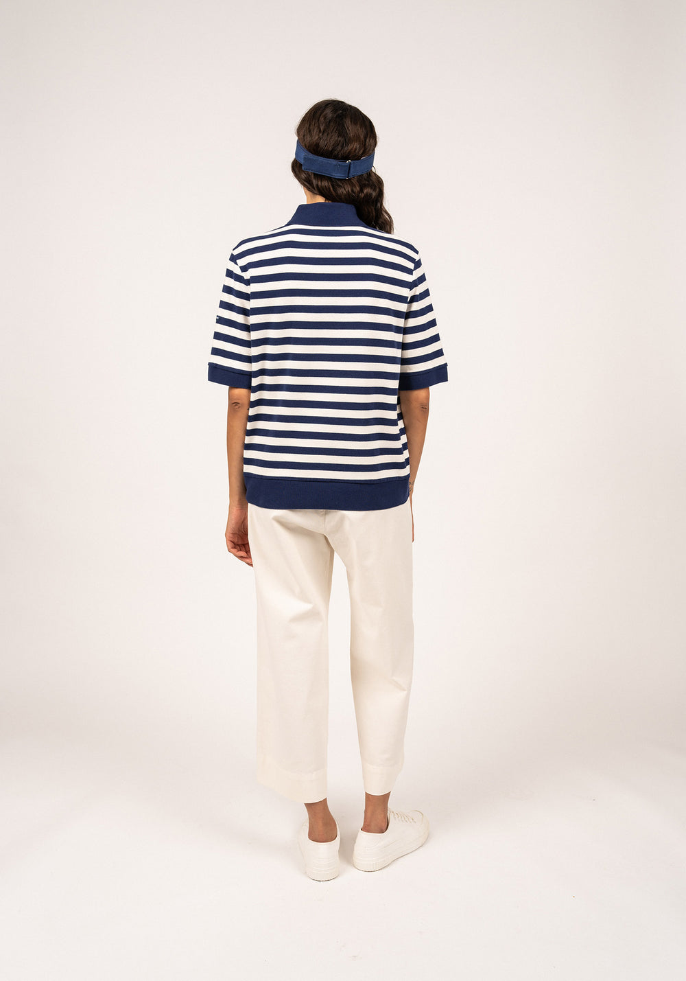 CAROLA Striped Knit Polo Shirt (INDIGO / IVORY)
