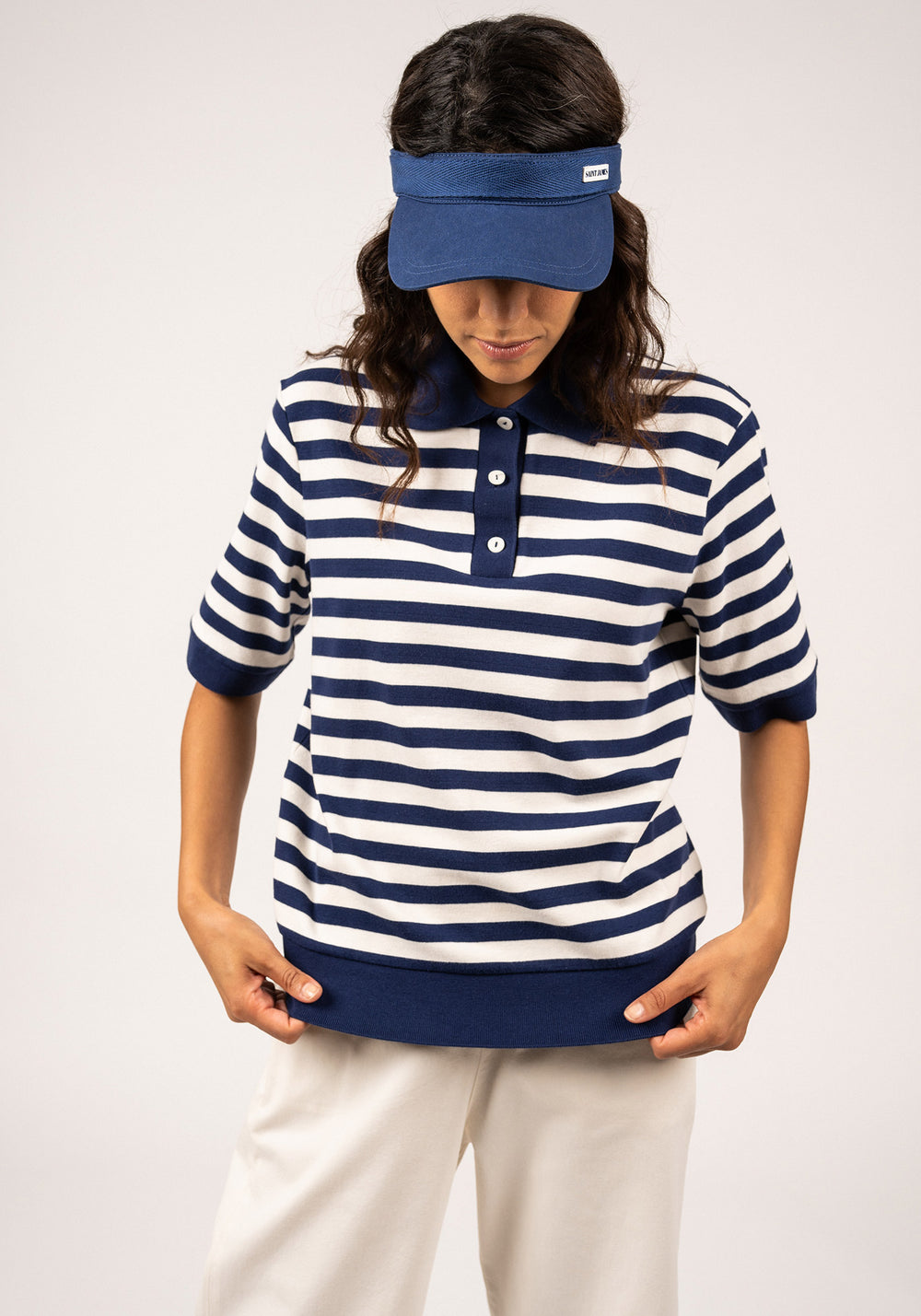 CAROLA Striped Knit Polo Shirt (INDIGO / IVORY)
