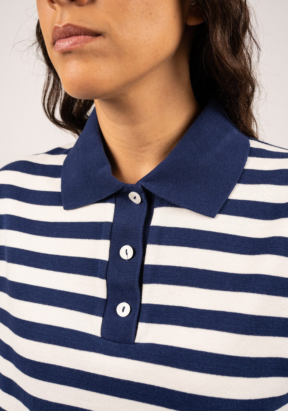 CAROLA Striped Knit Polo Shirt (INDIGO / IVORY)