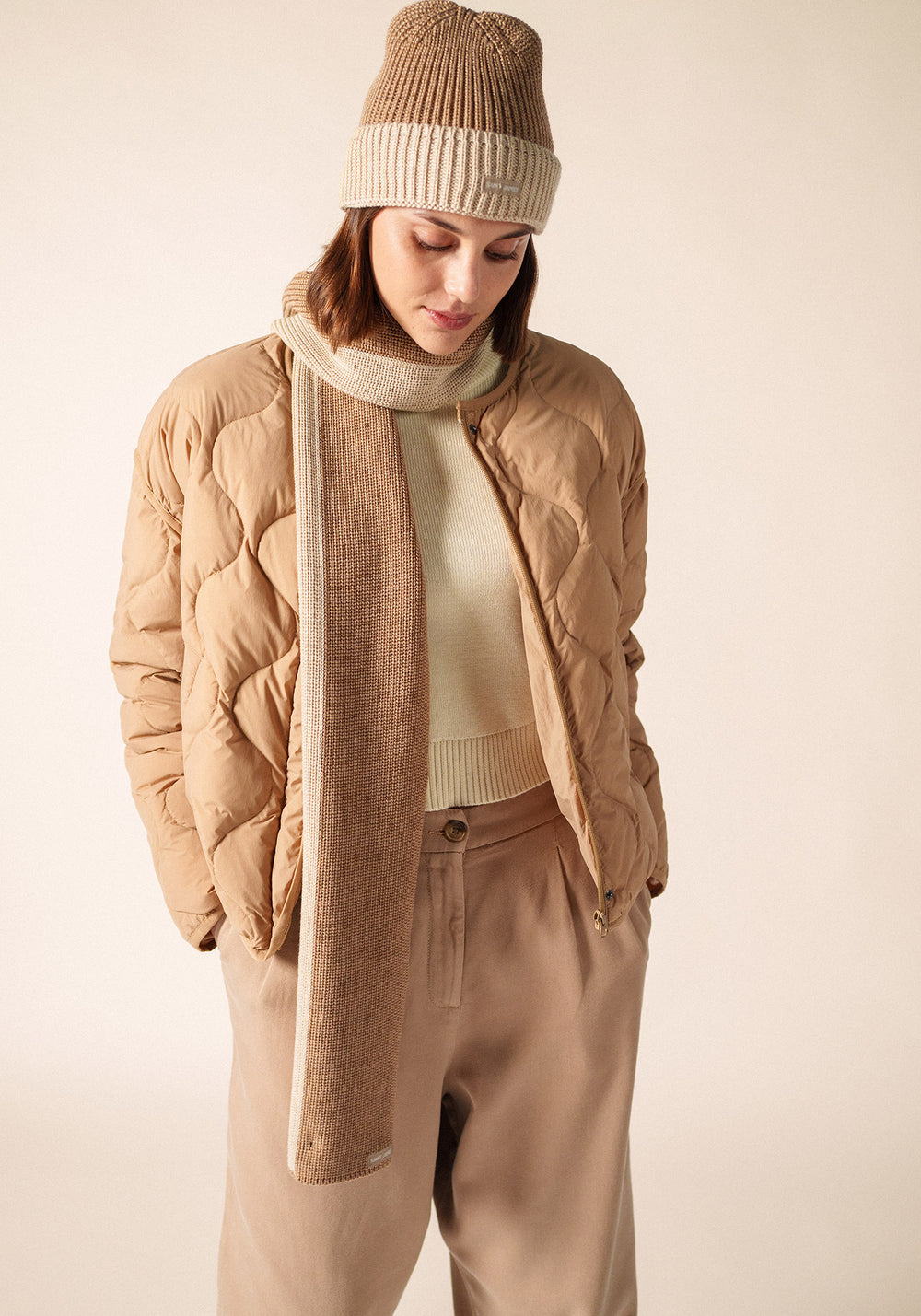 CANOE - Two-Tone Purl Knit Scarf (DARK BEIGE / BEIGE)