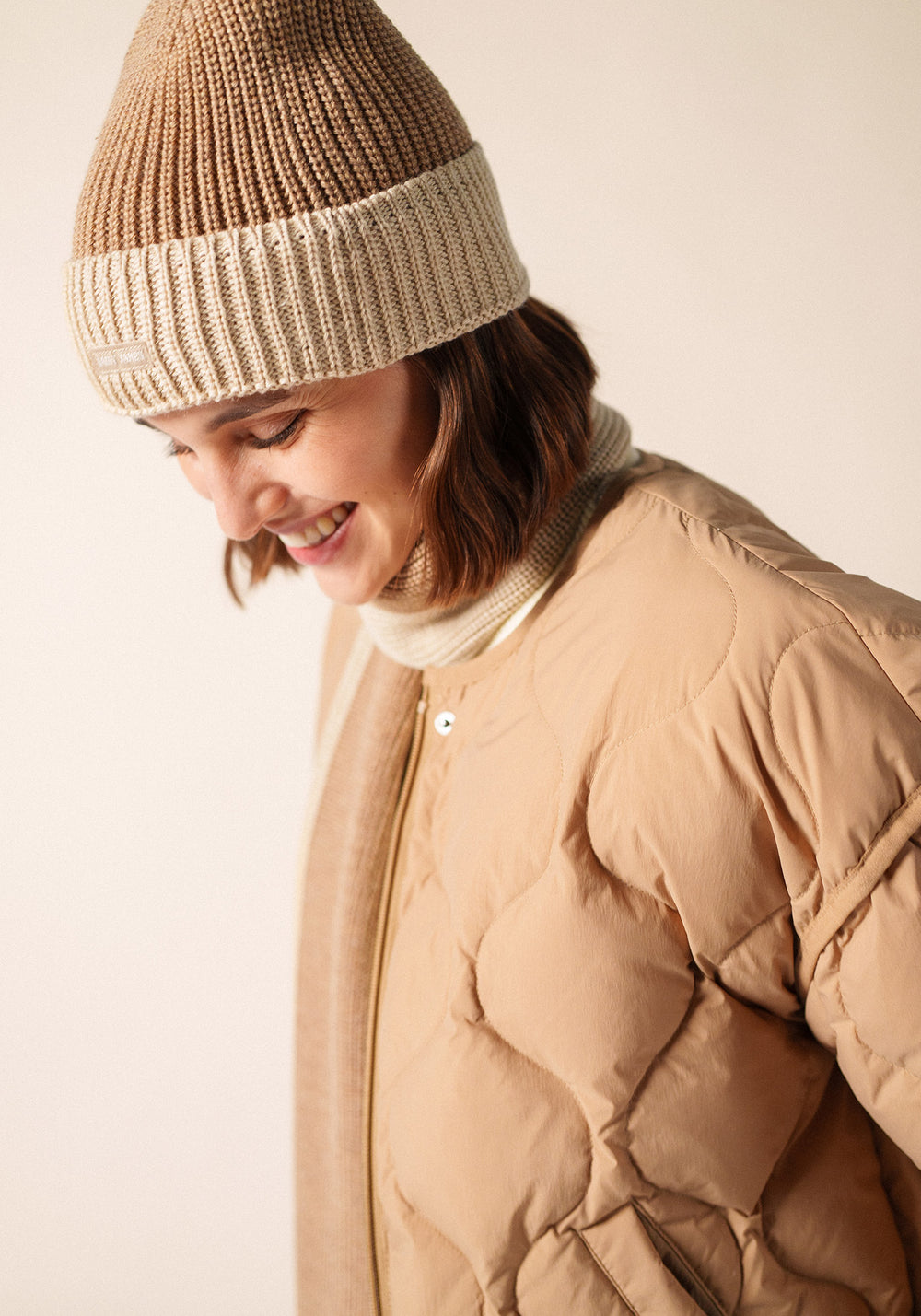 CANOT - Two-Tone Soft Wool Beanie in Purl Knit (DARK BEIGE / BEIGE)
