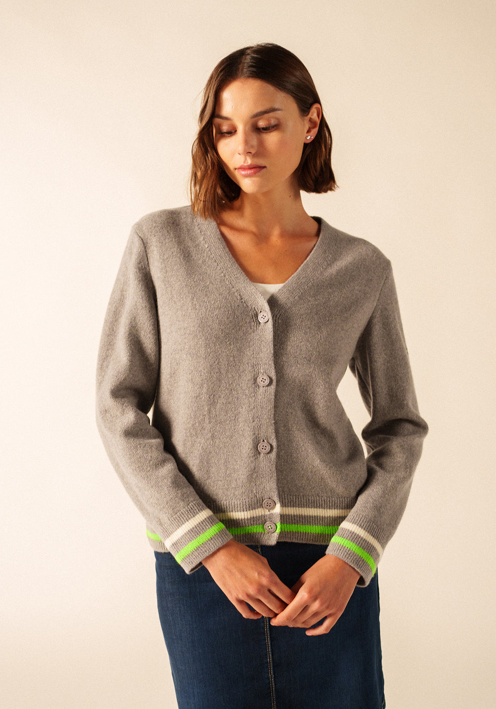 Annecy Wool Cardigan (GRAY / NEON GREEN / IVORY)