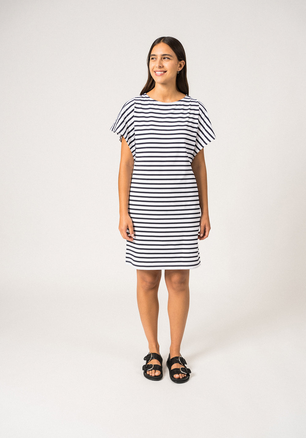 CASSIS - Nautical Stripe Dress with Batwing Sleeves | Anti-UV Stretch Lightweight Fabric (WHITE / NAVY)