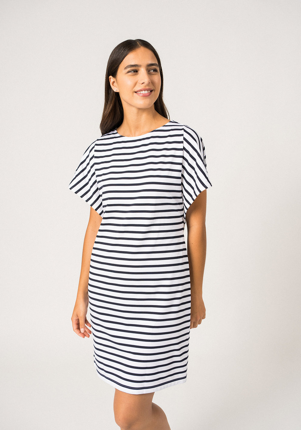 CASSIS - Nautical Stripe Dress with Batwing Sleeves | Anti-UV Stretch Lightweight Fabric (WHITE / NAVY)