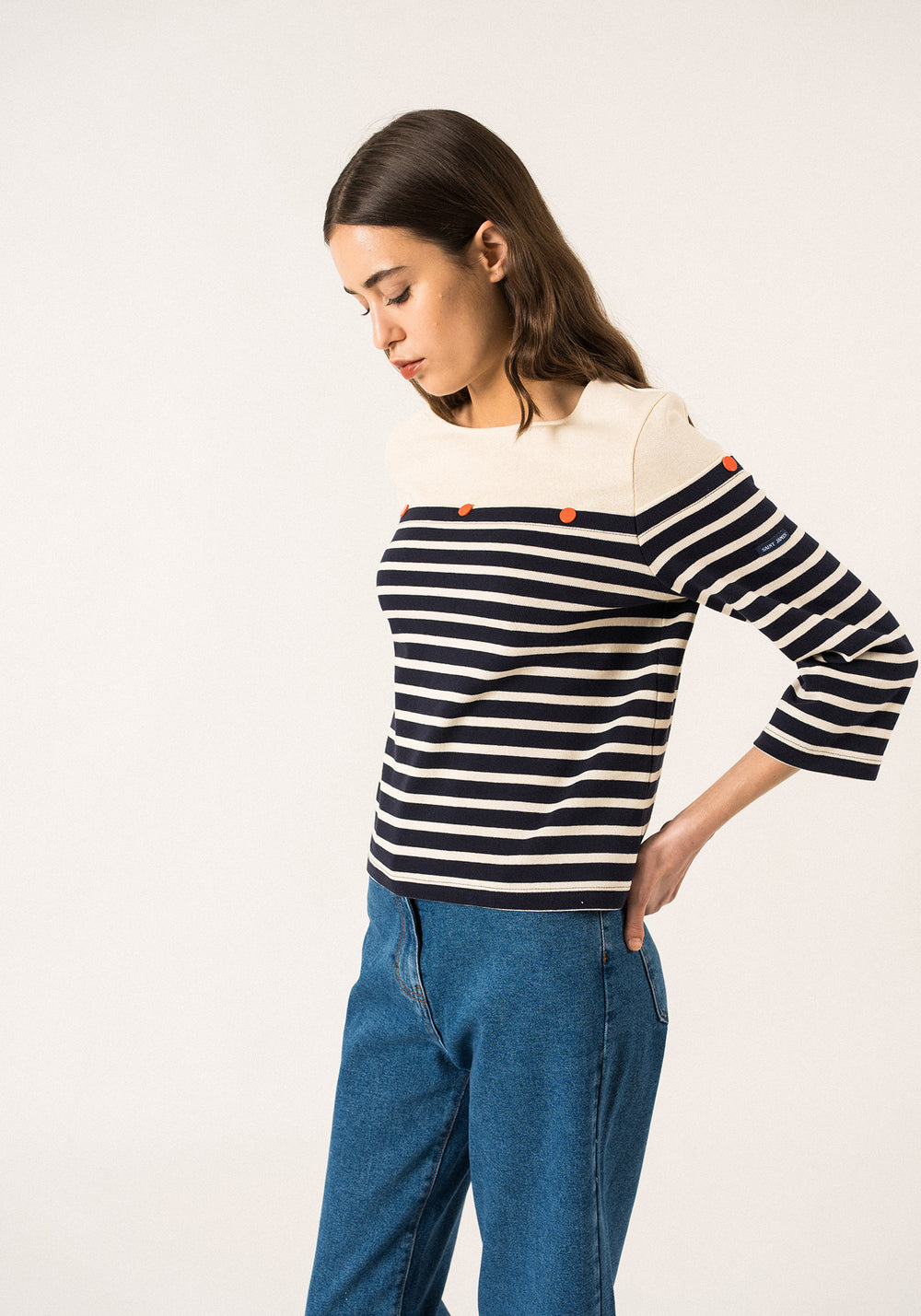 AMARRES - 3/4 Sleeve Breton Striped Shirt with Contrasting Yoke and Decorative Buttons by Isabelle Ballu