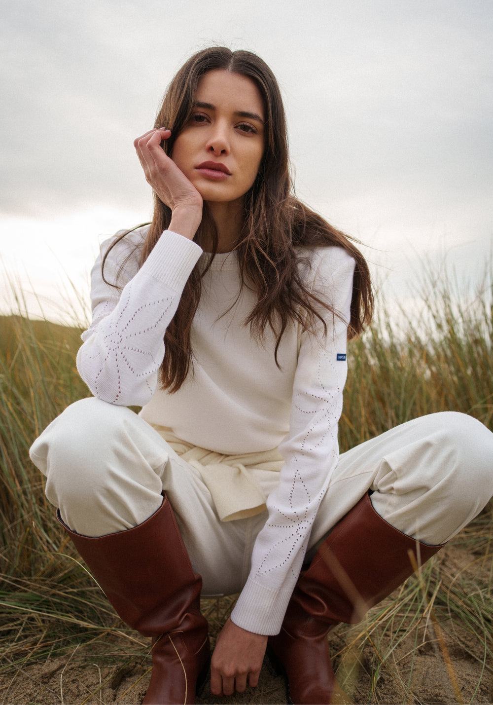 ASCOU Pointelle Sleeve Wool Sweater (WHITE)