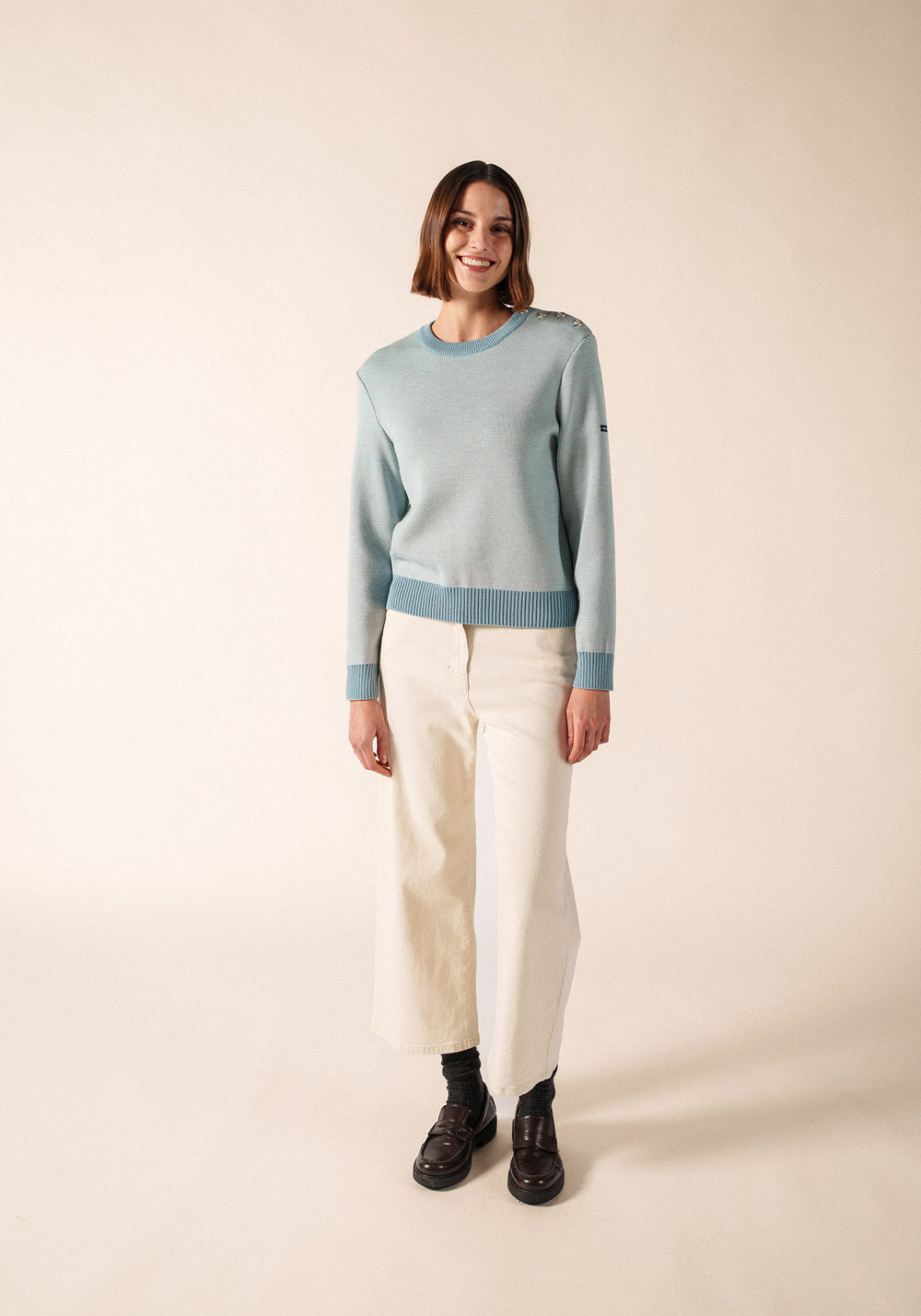 CANCALE CHINE Fisherman Sweater for Women (LIGHT COASTAL BLUE / WHITE)