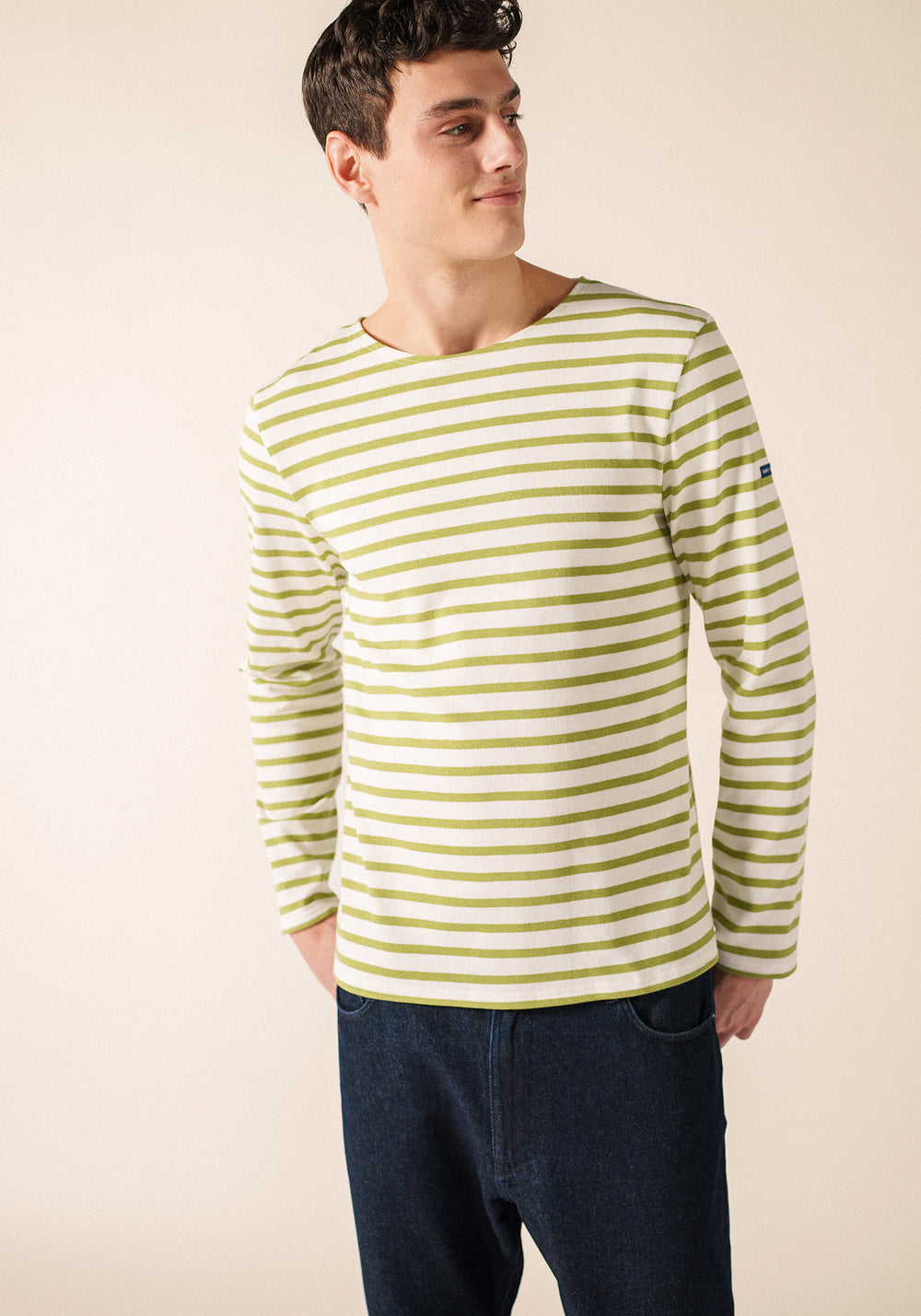 Meridien Moderne Breton Shirt (WHITE / SAGE OLIVE)