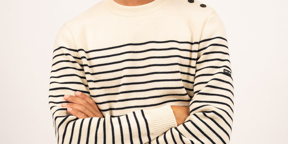 BINIC Authentic Striped Fisherman Sweater With Shoulder Buttons in Wool Loose Fit (ECRU NAVY)