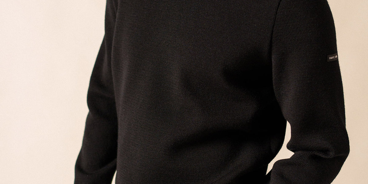 Black Wool Fisherman Sweater with Button Shoulder | Loose Fit
