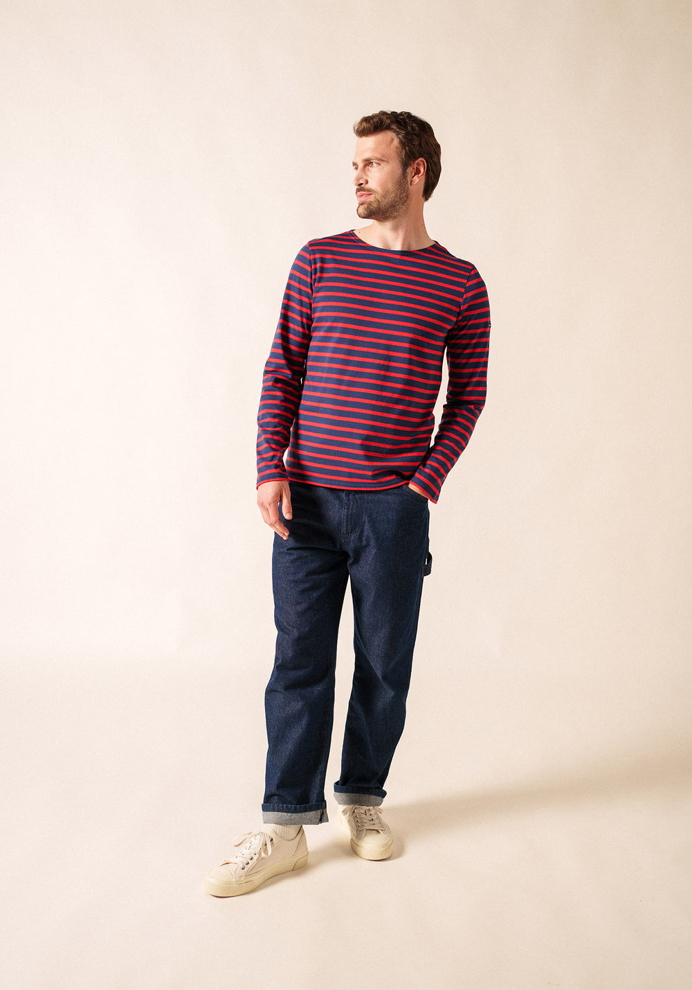 Minquiers Modern Breton Shirt (NAVY / RED)