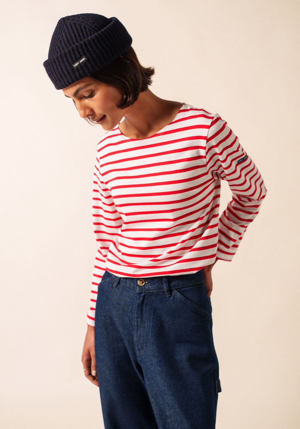 Minquiers Modern Breton Shirt (WHITE / RED)