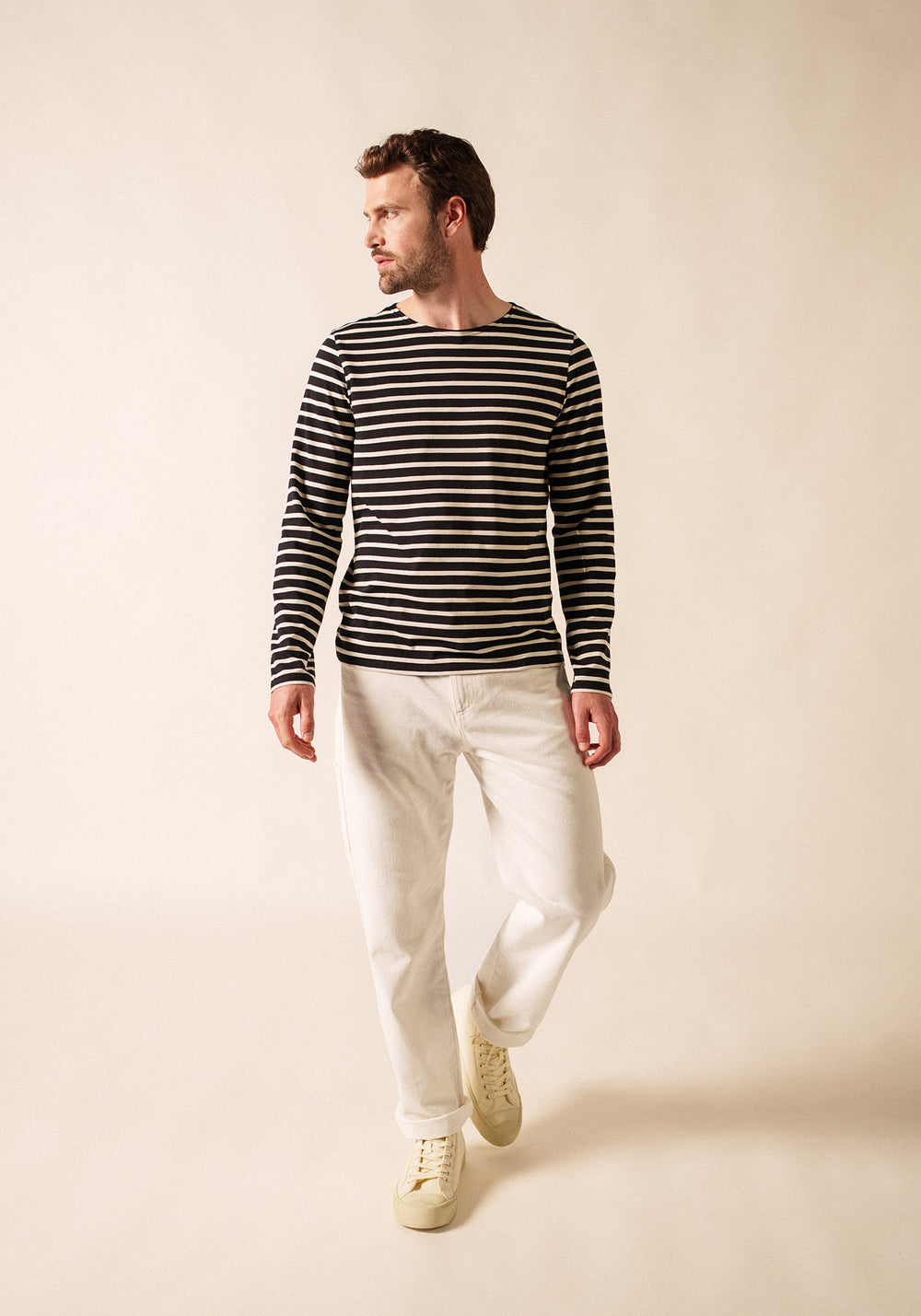 Minquiers Modern Breton Shirt (BLACK / ECRU)