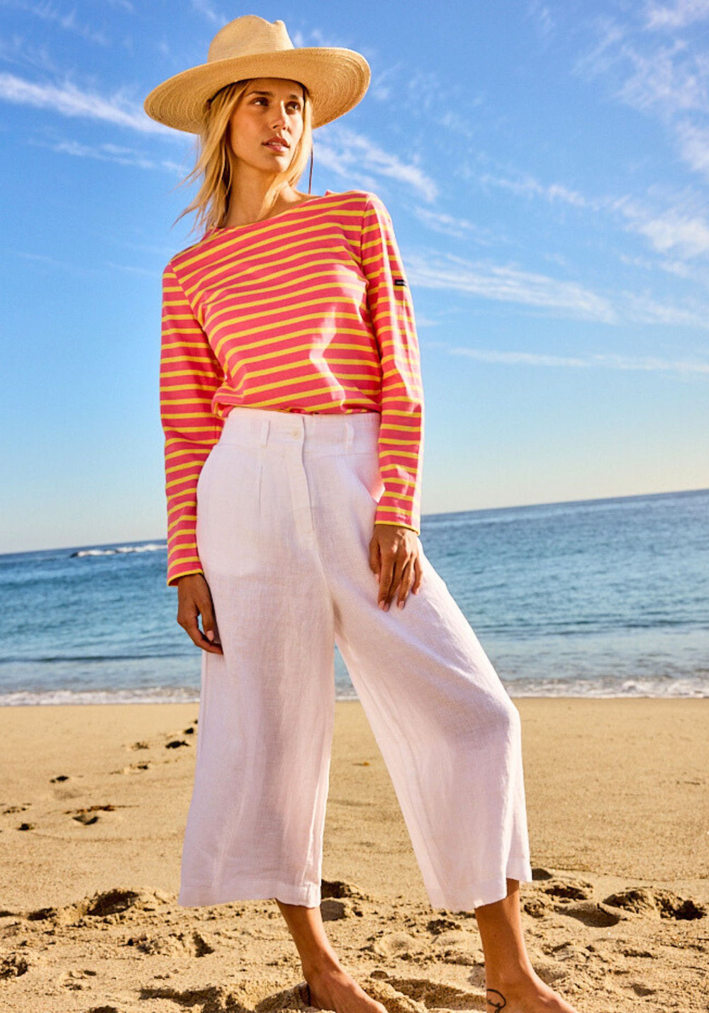 CHLOE - Pleasted Wide-Leg Pants with Elasticated Waist | 100% Linen (WHITE)