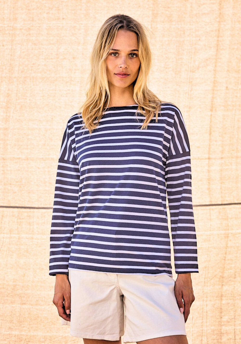 MINQUIERS DROP II - Drop-Shoulder Breton Striped Shirt | Soft Cotton | Straight Fit (NAVY / WHITE)