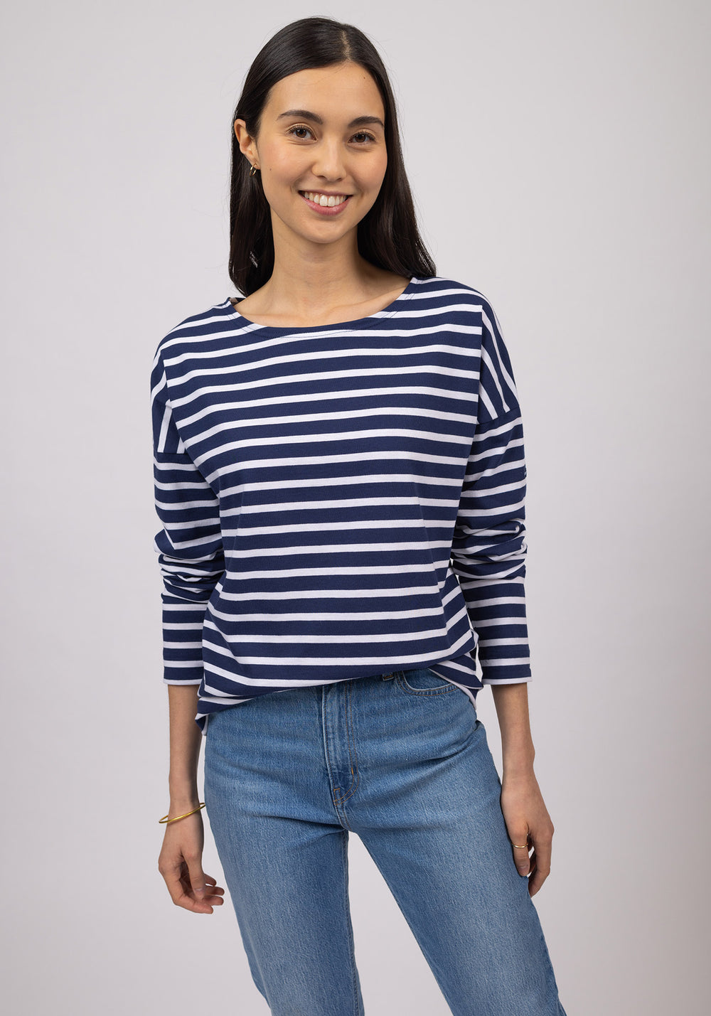 MINQUIERS DROP II - Drop-Shoulder Breton Striped Shirt | Soft Cotton | Straight Fit (NAVY / WHITE)