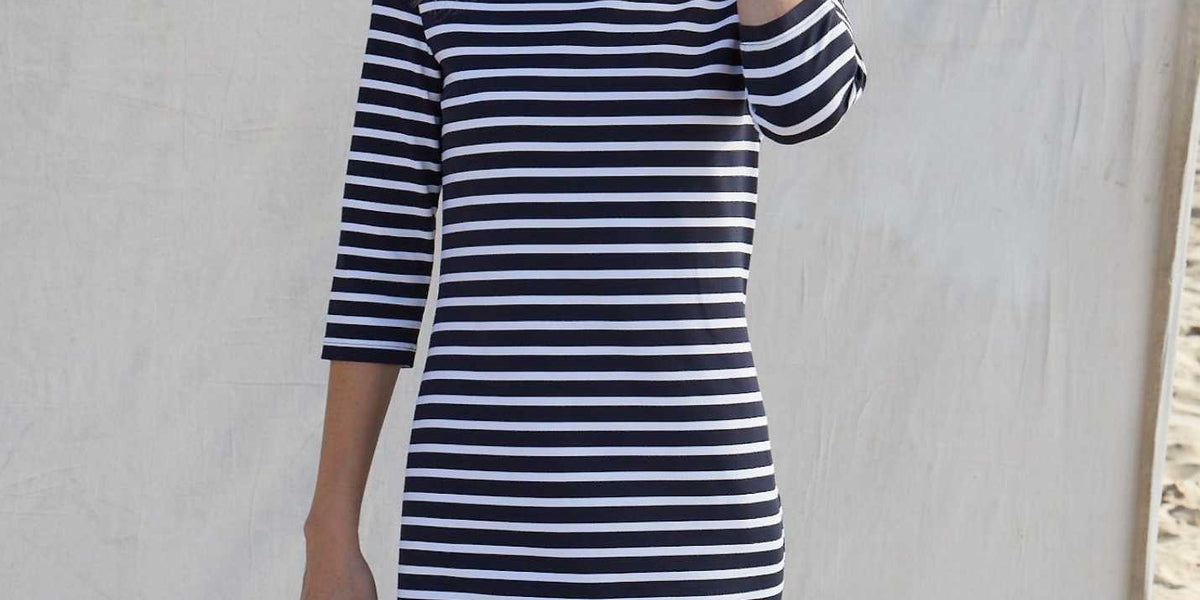 knee length dresses for ladies MATIS DRESS DARK NAVY WHITE STRIPES – Dovima Paris main image 0