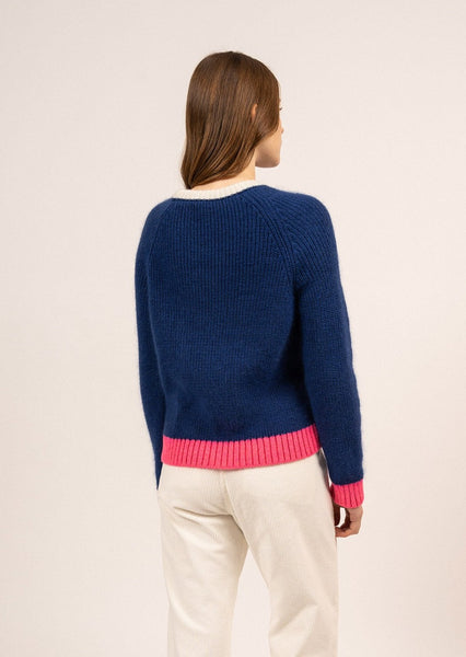HASPARREN - Color-block Sweater in Mohair Wool Blend (BLUE / NEON PINK /  WINTER WHITE)