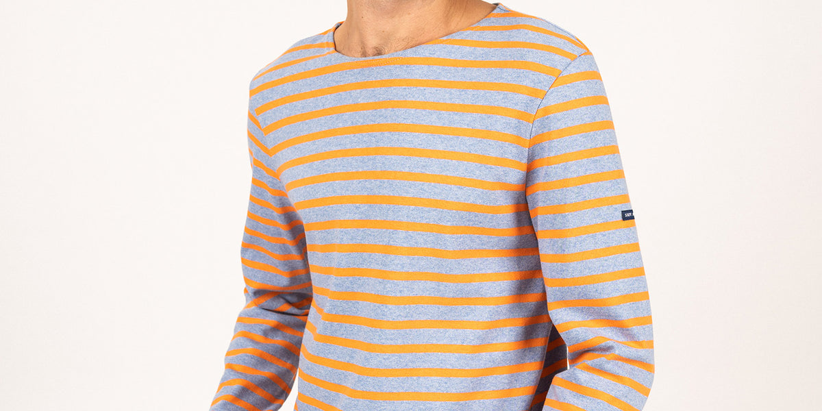 MERIDIEN MODERNE - Original Breton Shirt | Heavyweight Cotton | Men Fit  (DENIM / NEON ORANGE)