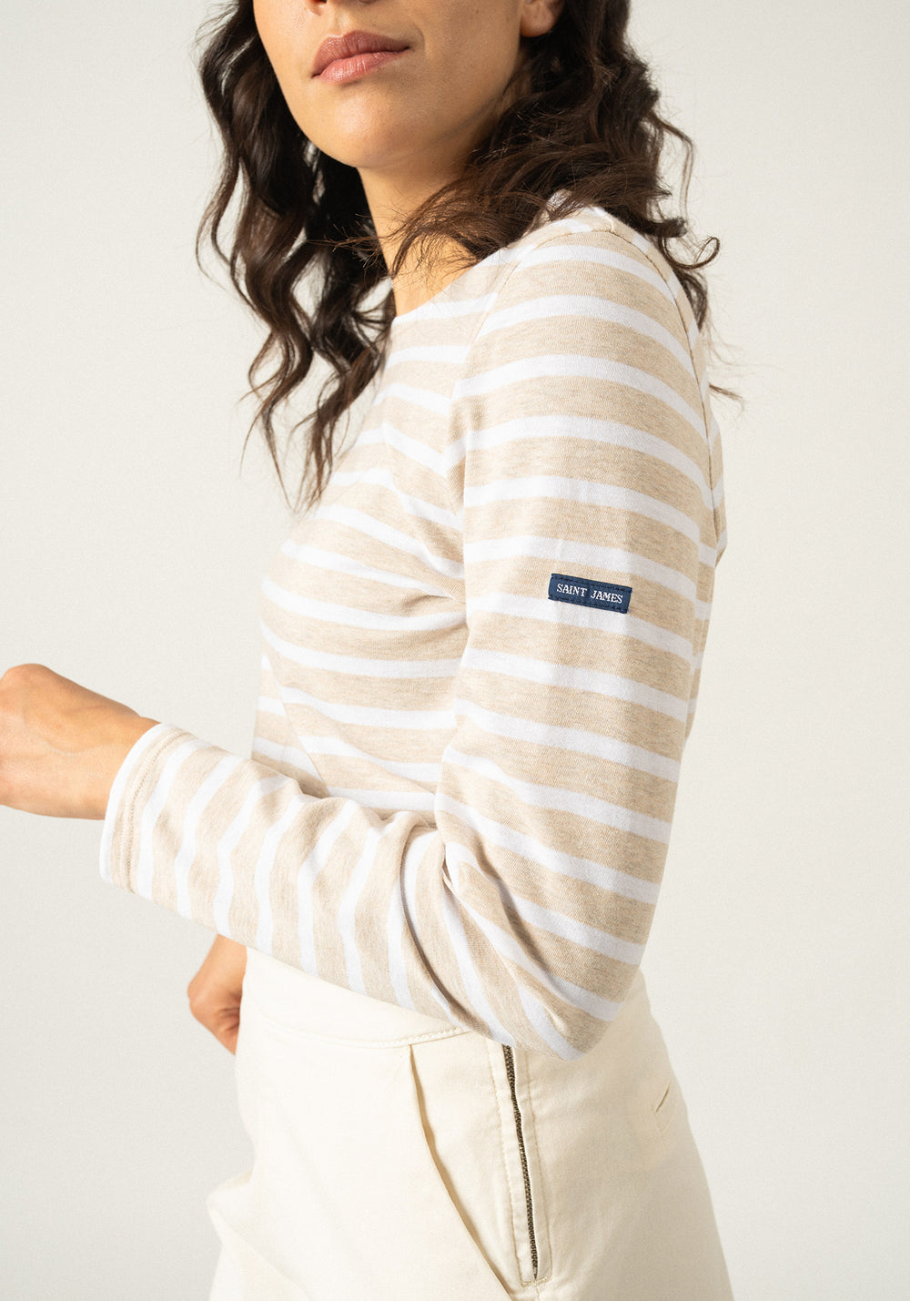 MINQUIDAME - Breton Striped Shirt with Long Sleeve | Soft Cotton | Women Fit (OATMEAL / WHITE)