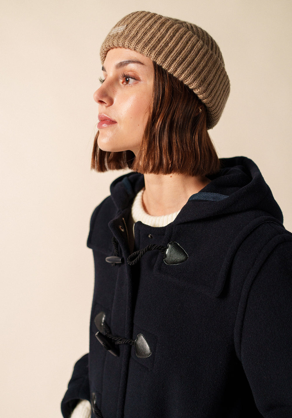 MIKI MAILLE - Short Ribbed Knit Fisherman Beanie (DARK BEIGE)