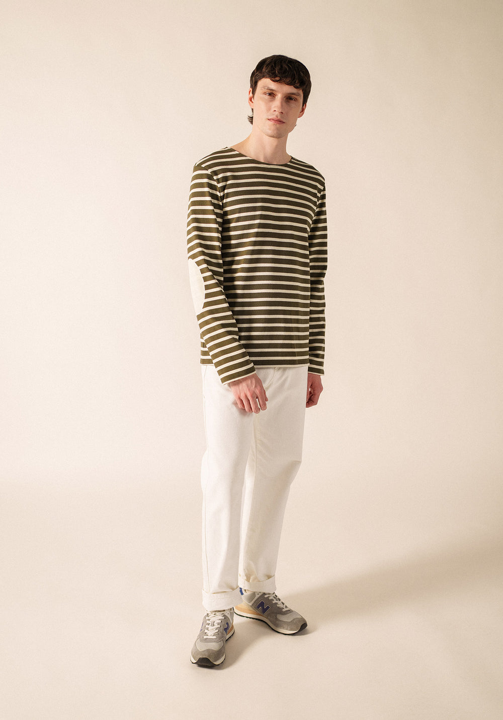 MERIDIEN Elbow Patch Breton Shirt (MOSS GREEN / ECRU / ECRU)