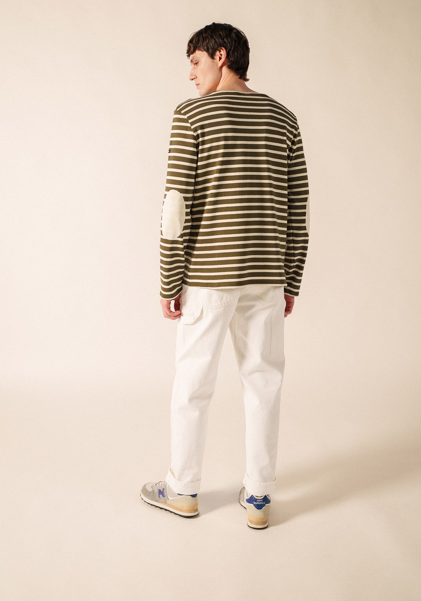 MERIDIEN Elbow Patch Breton Shirt (MOSS GREEN / ECRU / ECRU)
