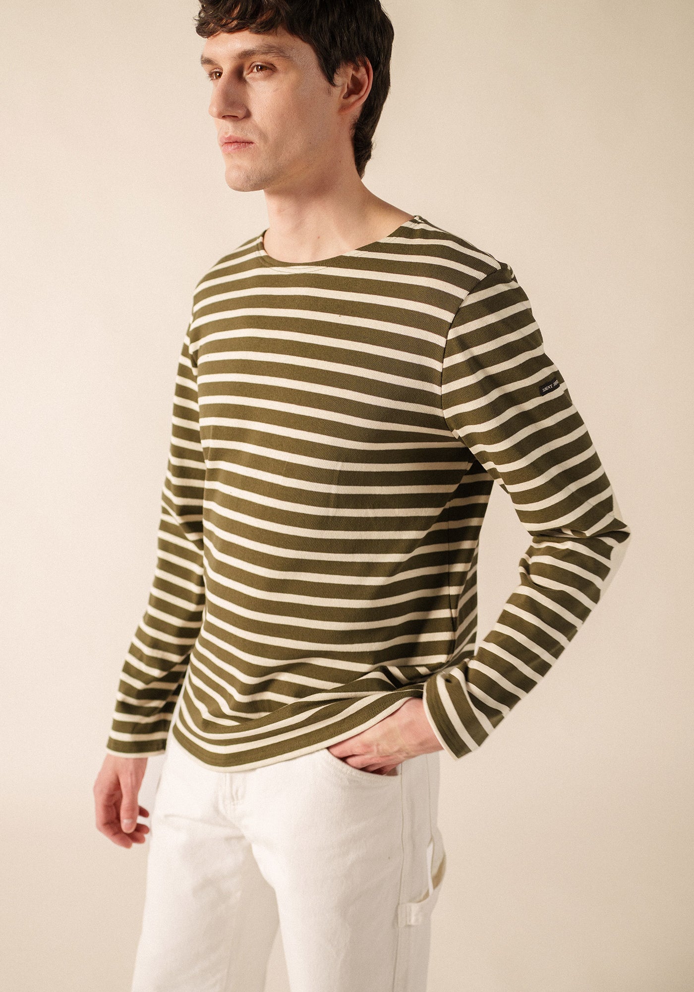 MERIDIEN Elbow Patch Breton Shirt (MOSS GREEN / ECRU / ECRU)