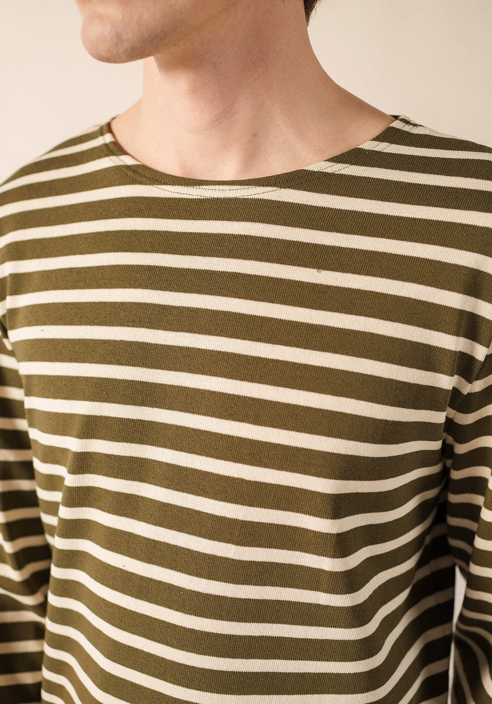 MERIDIEN Elbow Patch Breton Shirt (MOSS GREEN / ECRU / ECRU)