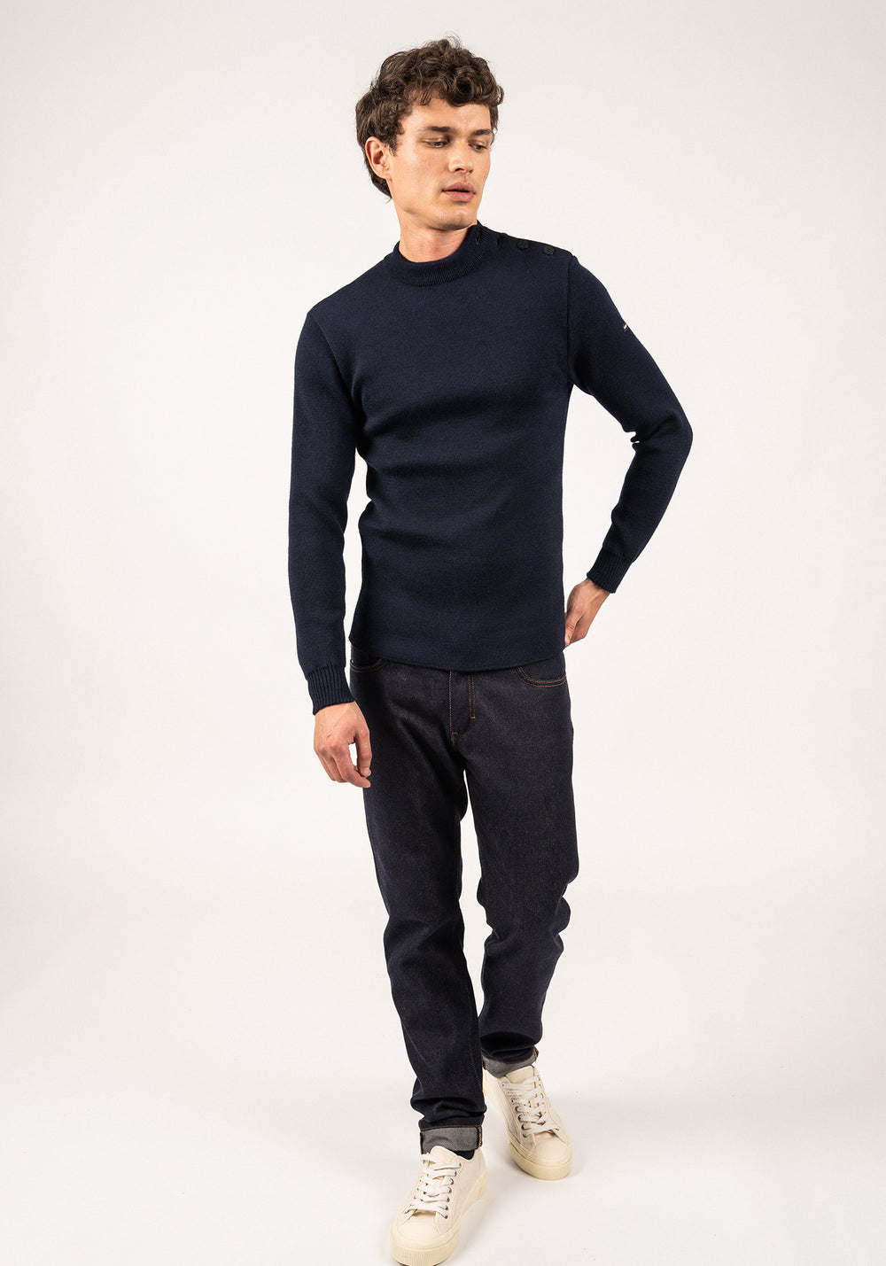 MATELOT - Wool Fisherman Sweater with Button Shoulder | Slim Fit (NAVY)