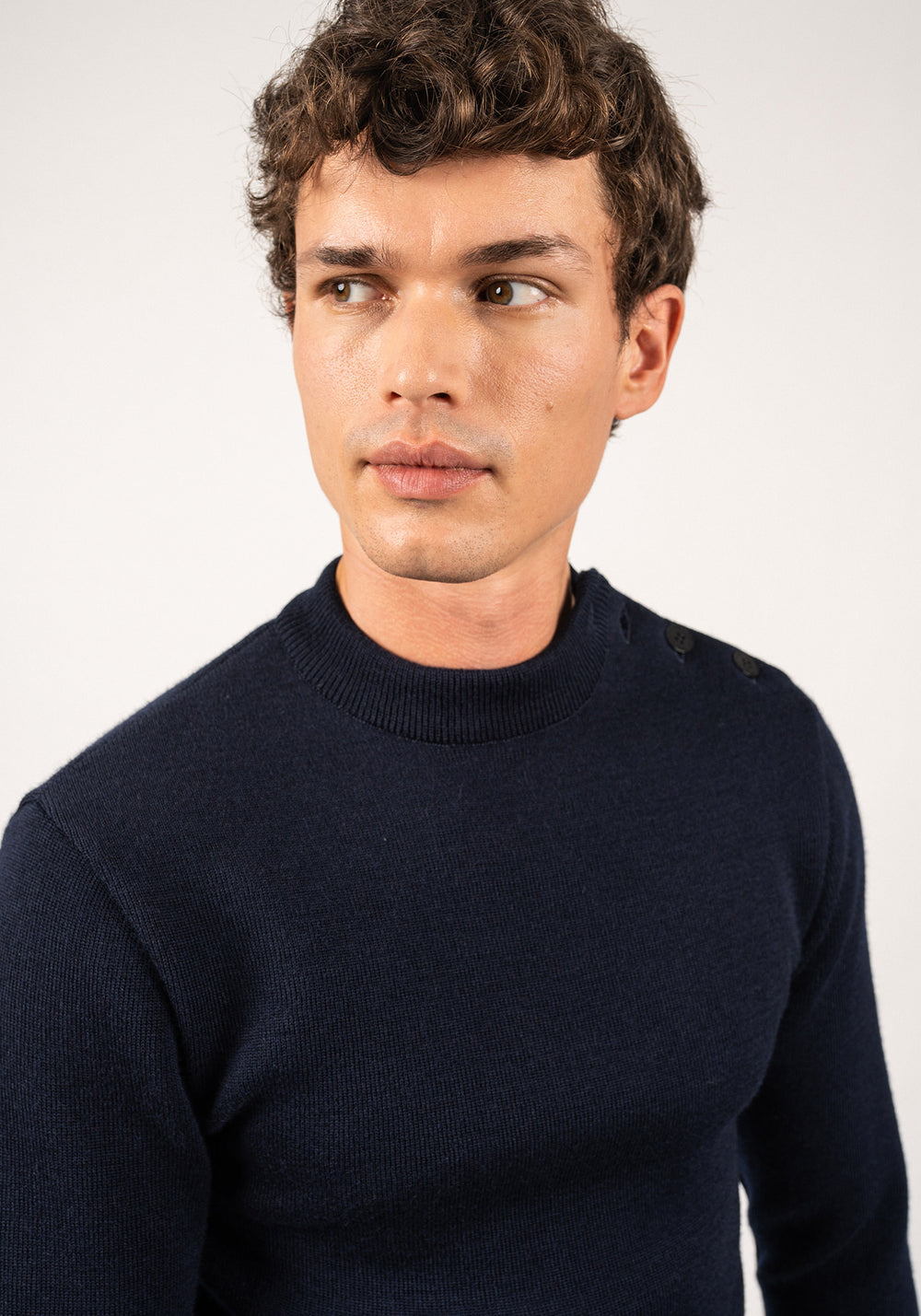 MATELOT - Wool Fisherman Sweater with Button Shoulder | Slim Fit (NAVY)