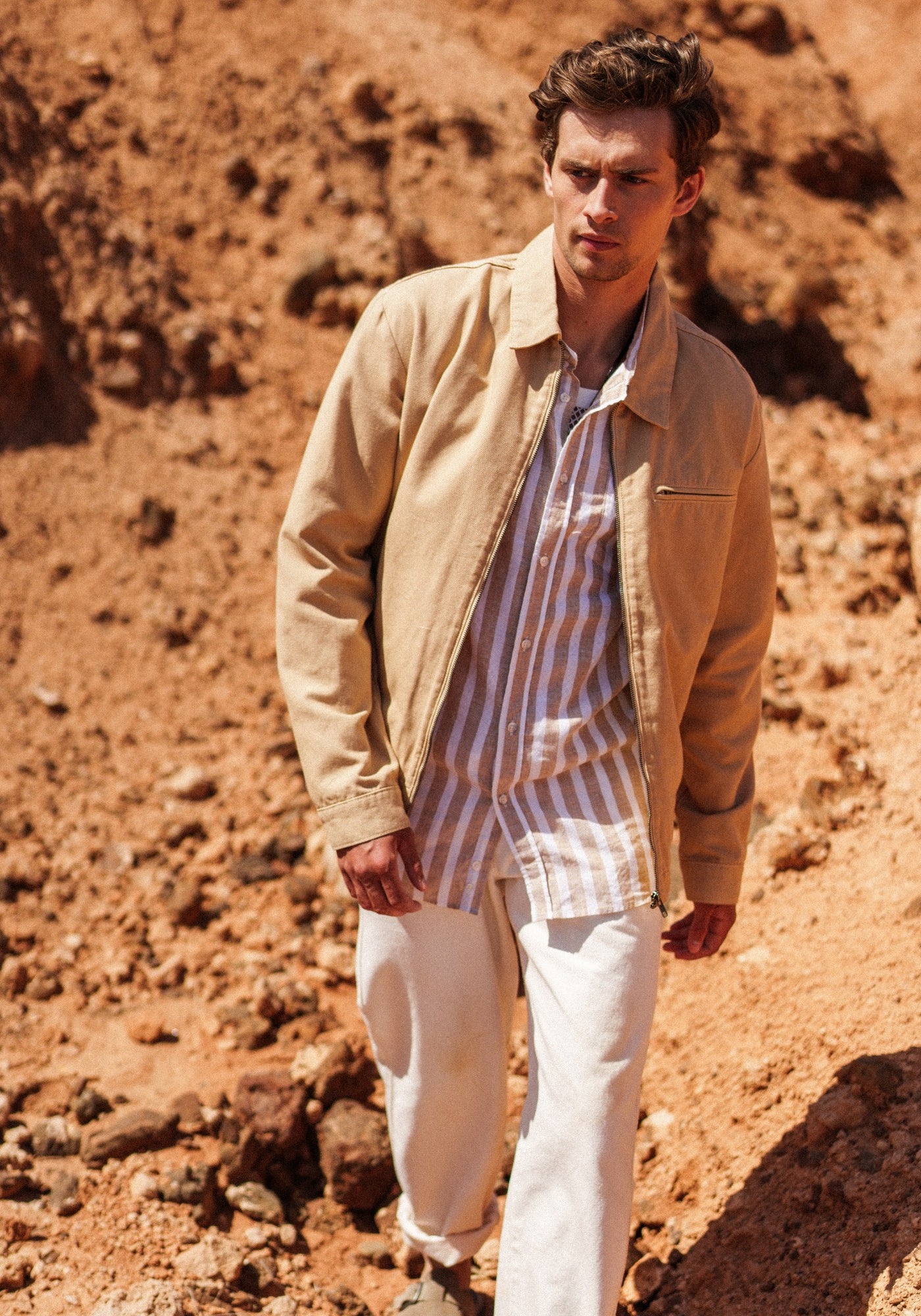 LIAM Striped Linen & Cotton Shirt (WHITE / BEIGE)
