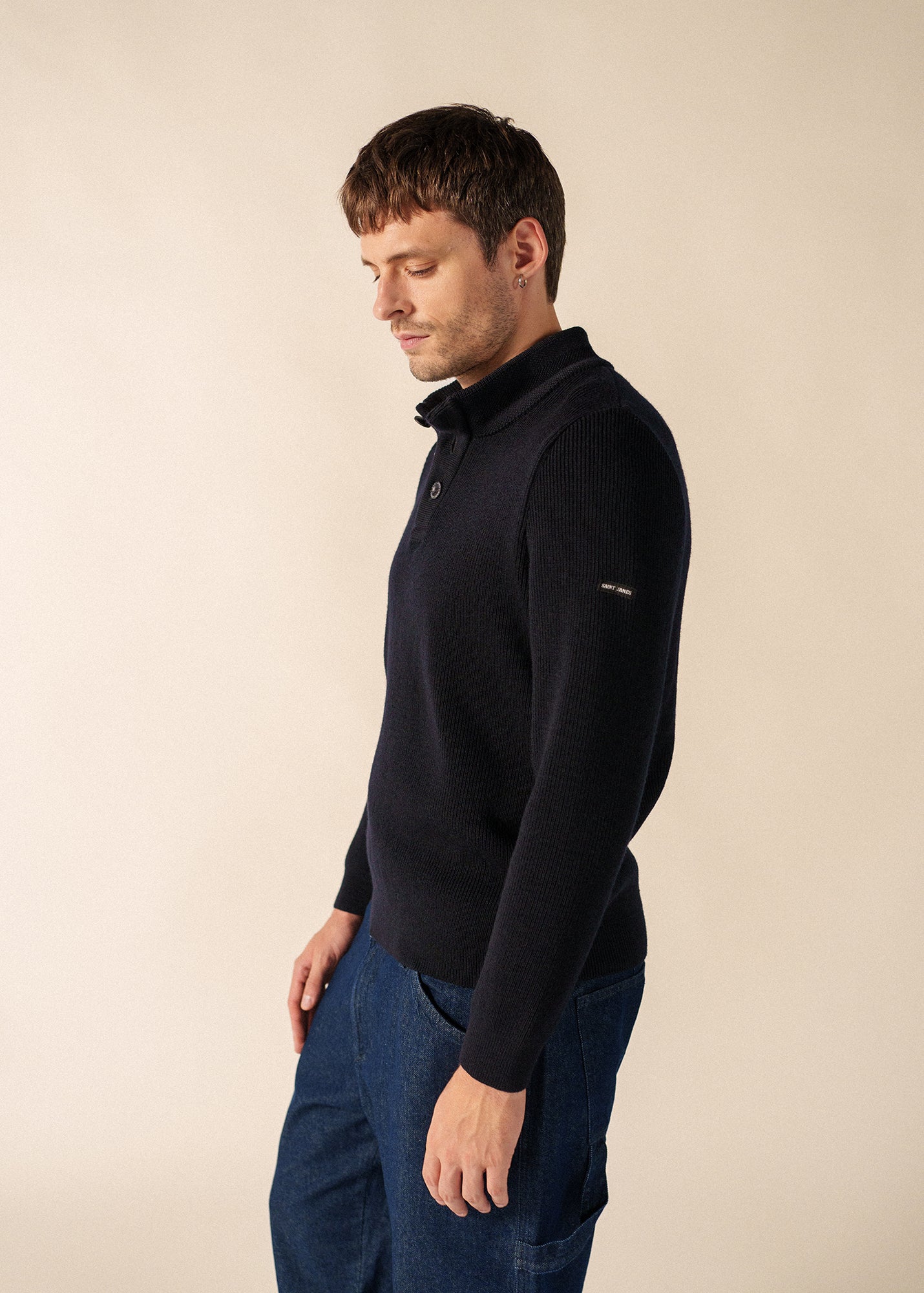 Men's Mock Collar Wool Henley - Navy - Saint James • Saint James USA