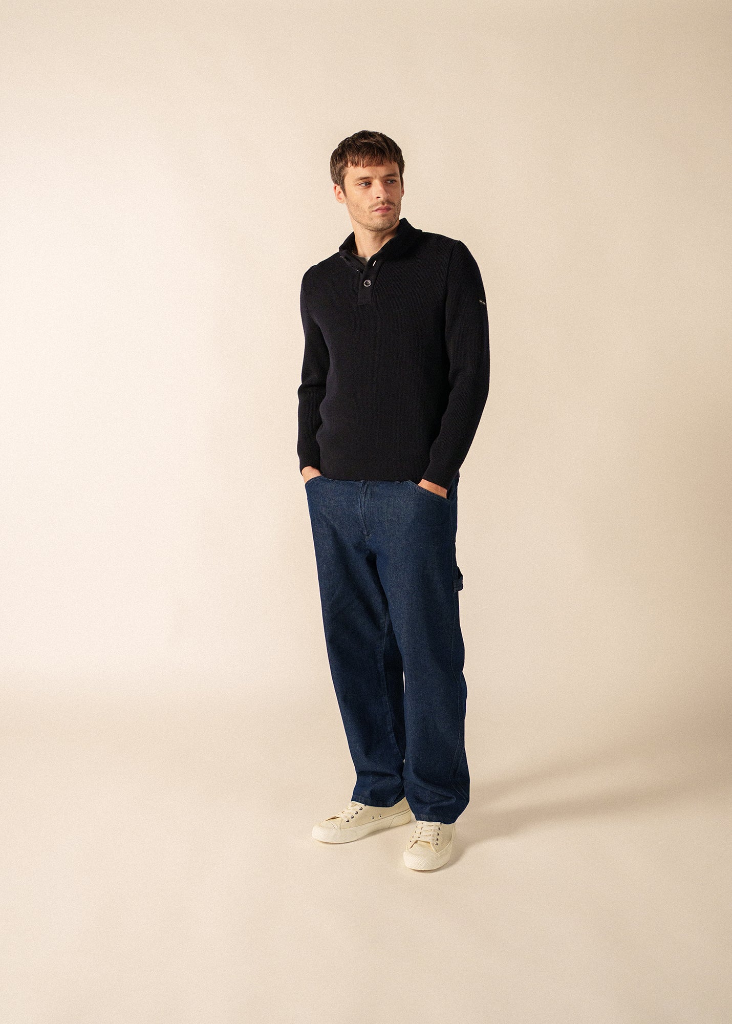 Men's Mock Collar Wool Henley - Navy - Saint James • Saint James USA