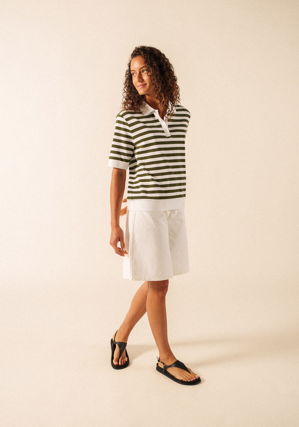 Carola Striped Knit Polo Shirt (WHITE / ARMY GREEN)