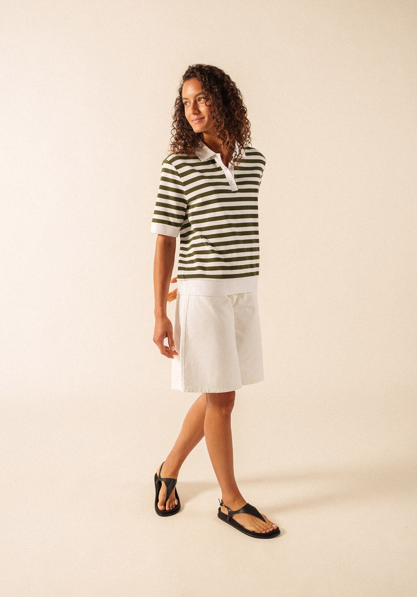Carola Striped Knit Polo Shirt (WHITE / ARMY GREEN)