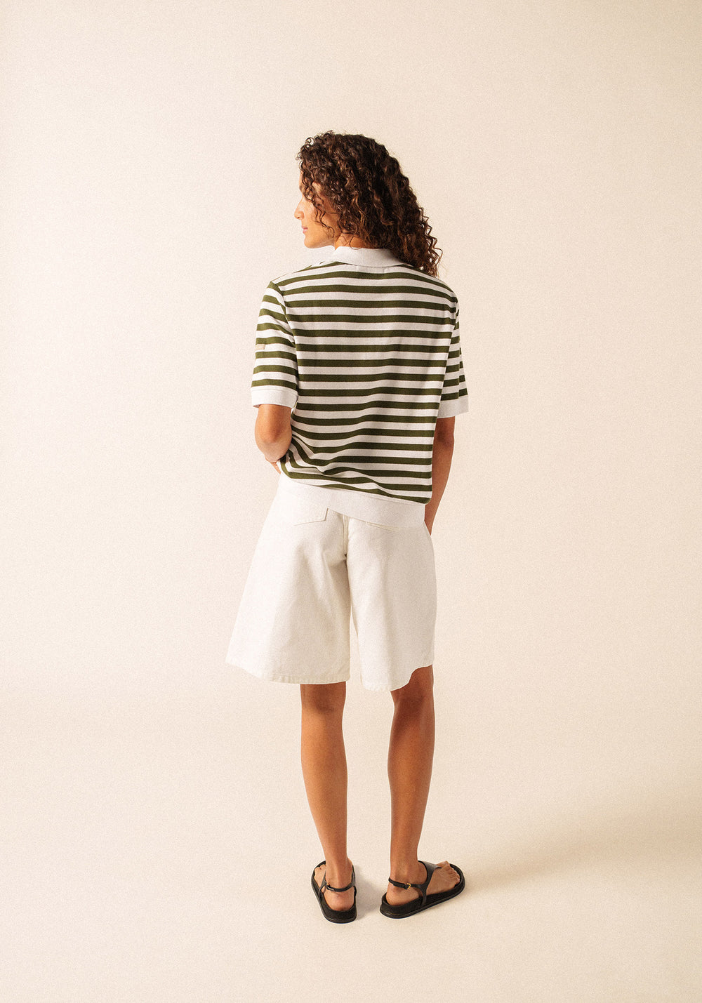 Carola Striped Knit Polo Shirt (WHITE / ARMY GREEN)