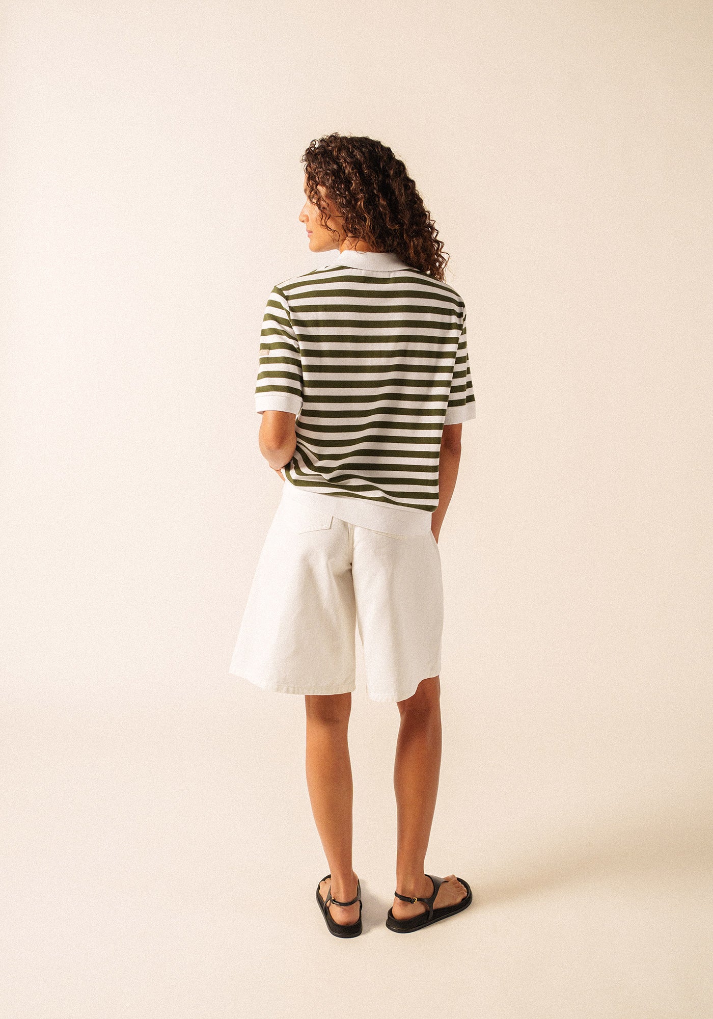 Carola Striped Knit Polo Shirt (WHITE / ARMY GREEN)