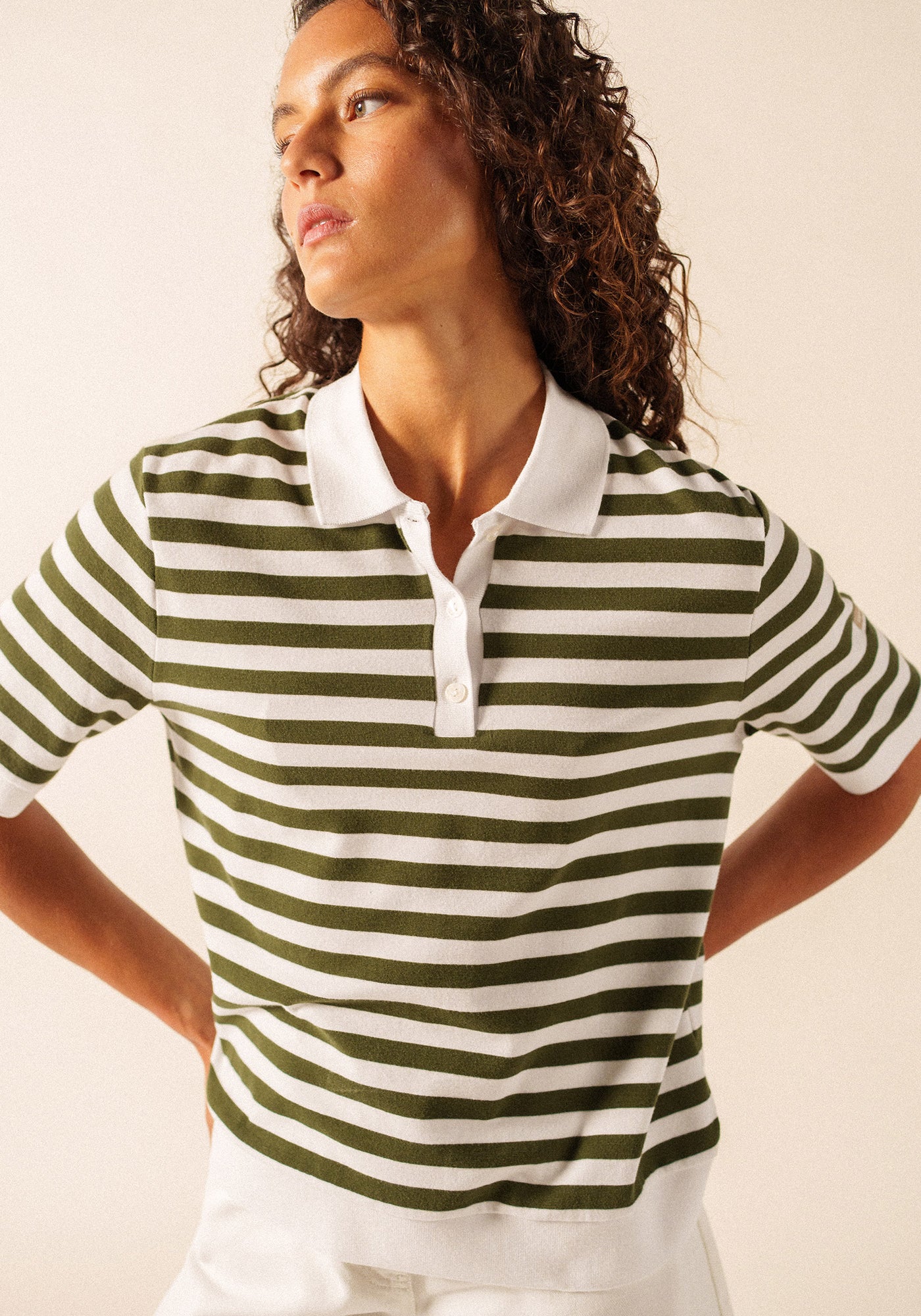 Carola Striped Knit Polo Shirt (WHITE / ARMY GREEN)