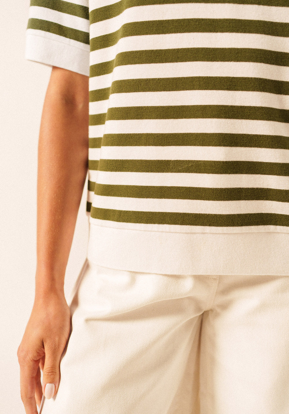 Carola Striped Knit Polo Shirt (WHITE / ARMY GREEN)