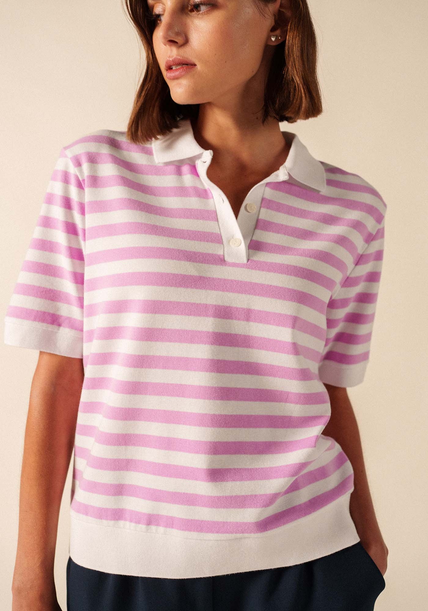 CAROLA Striped Knit Polo Shirt (WHITE / TEA ROSE PINK)