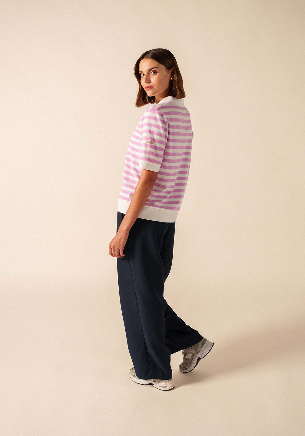 Carola Striped Knit Polo Shirt (WHITE / TEA ROSE PINK)