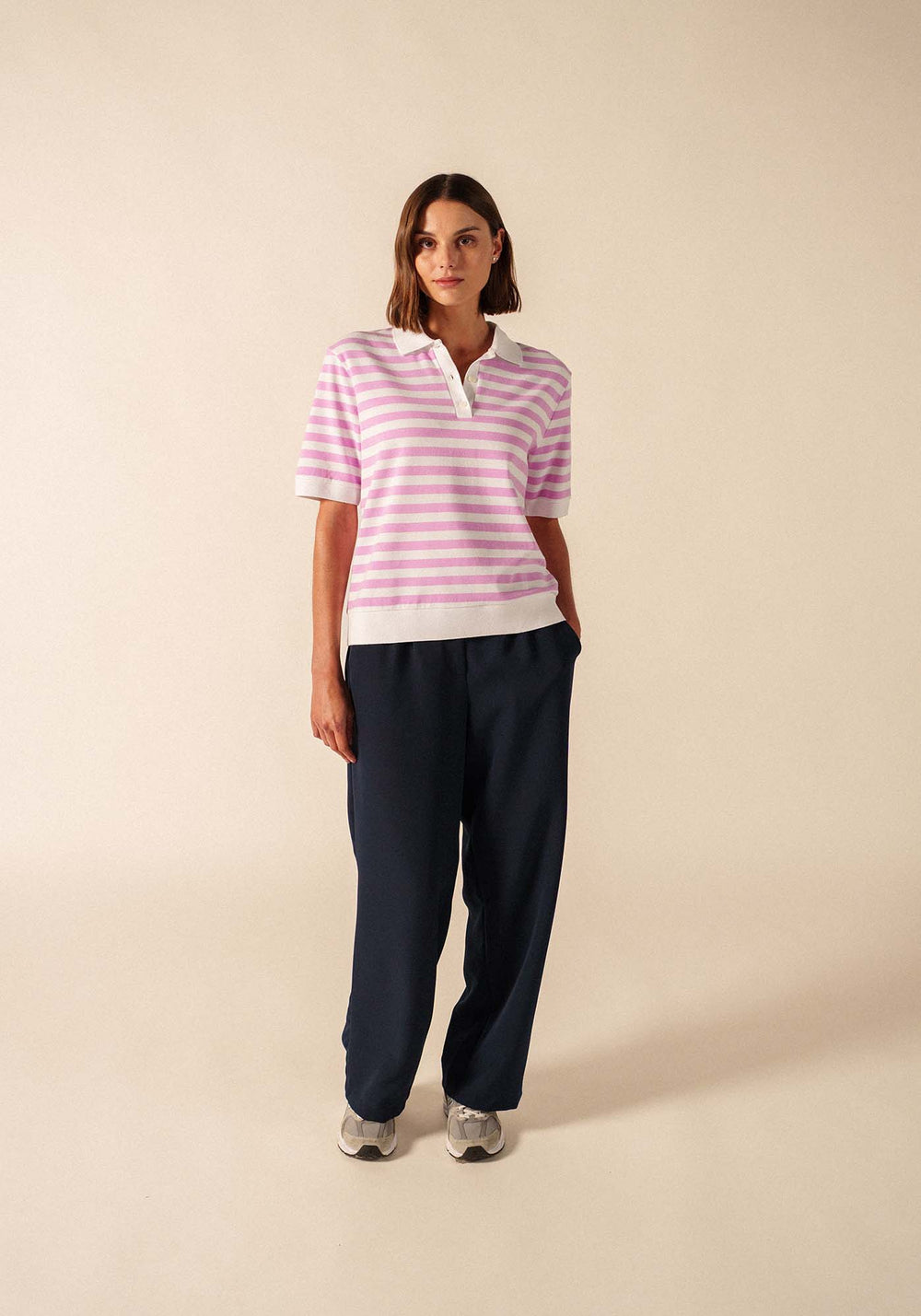 Carola Striped Knit Polo Shirt (WHITE / TEA ROSE PINK)