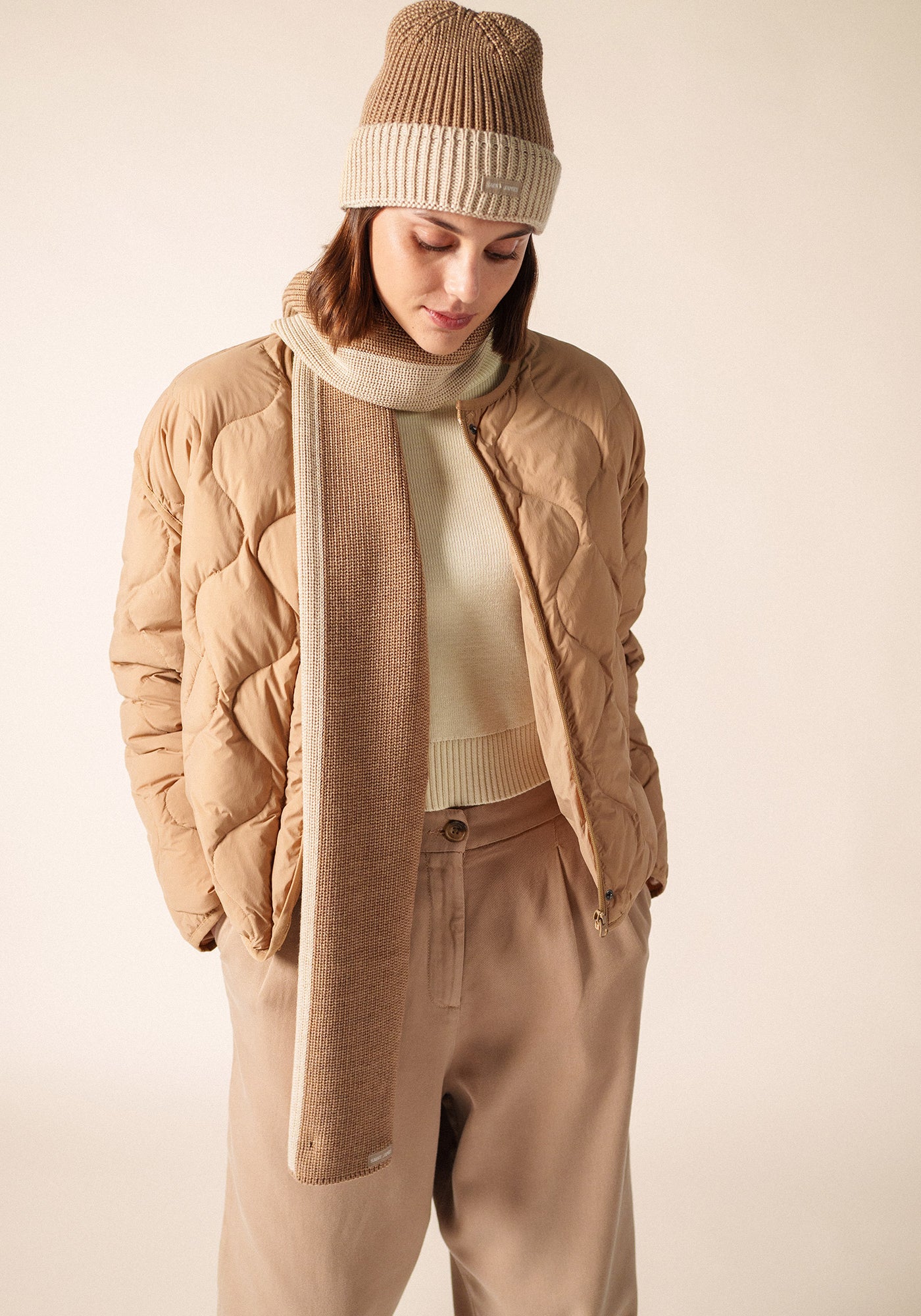 CANOE - Two-Tone Purl Knit Scarf (DARK BEIGE / BEIGE)
