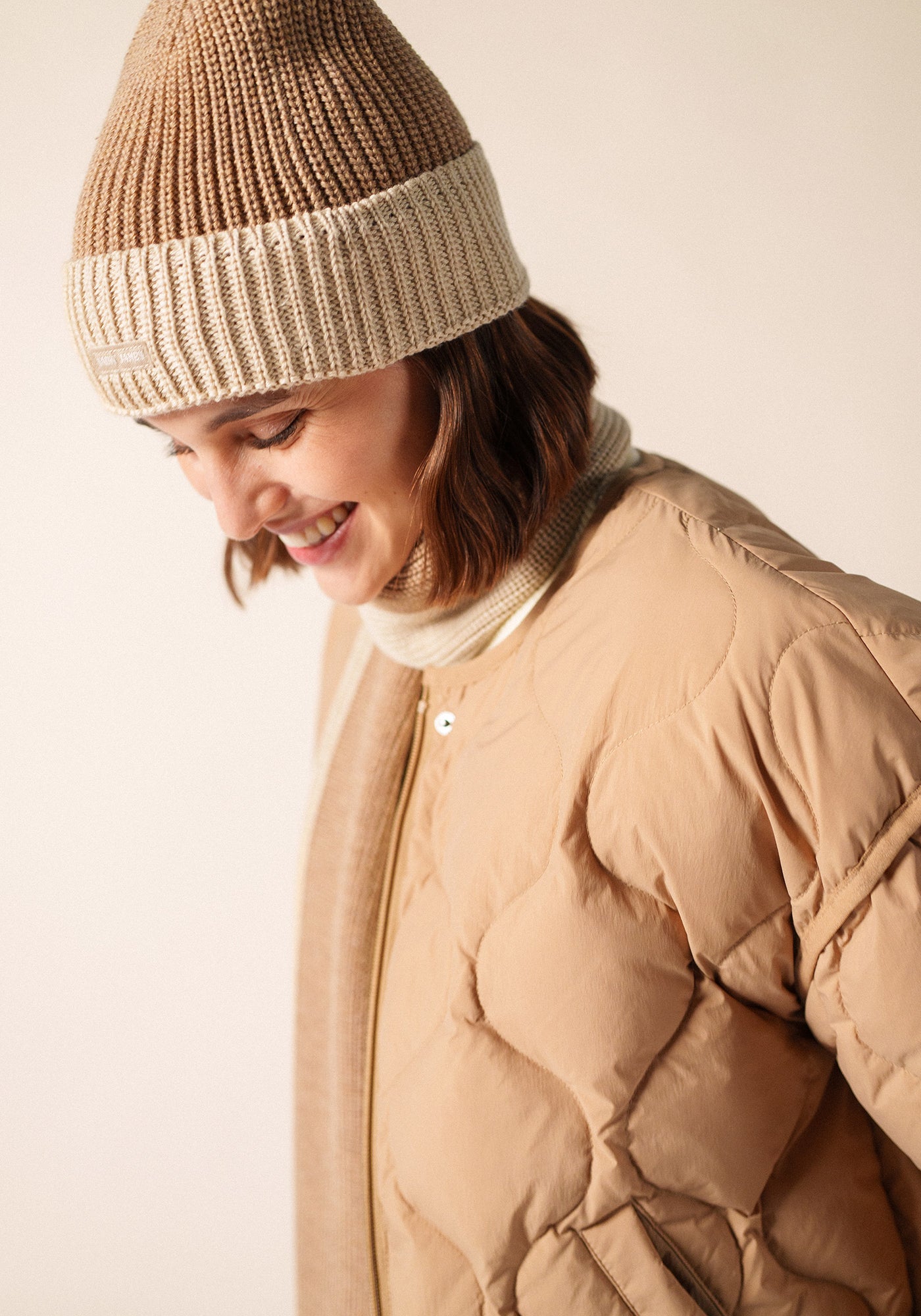 CANOT - Two-Tone Soft Wool Beanie in Purl Knit  (DARK BEIGE / BEIGE)