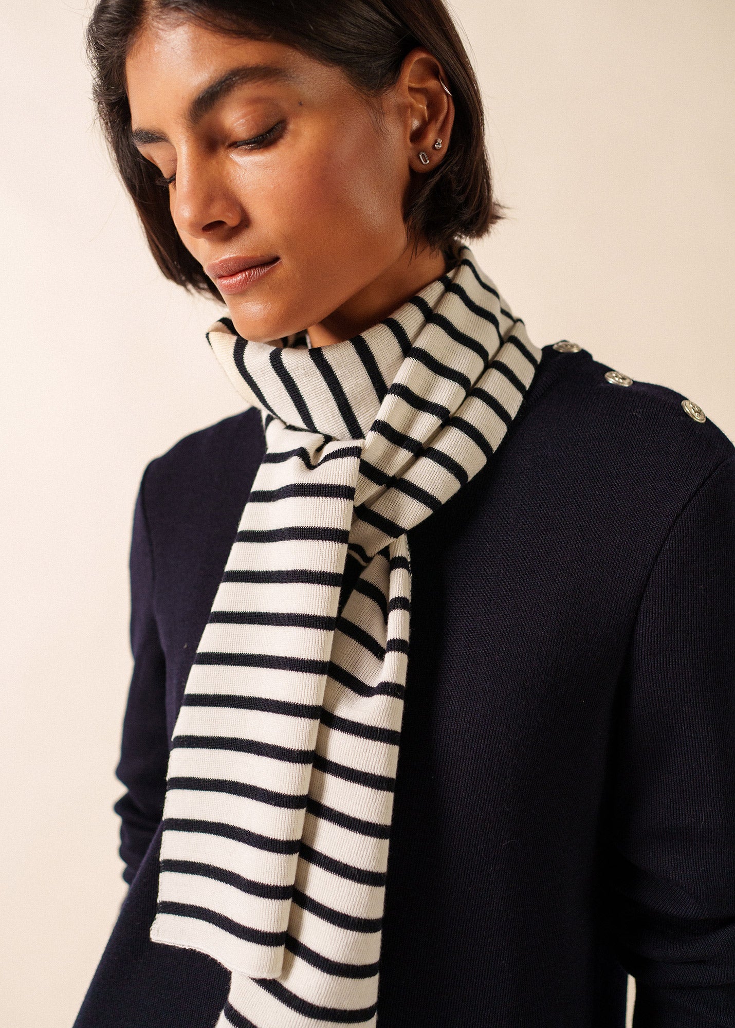 Striped Scarf - Duguay Wool Blend - Ivory & Navy • Saint James USA