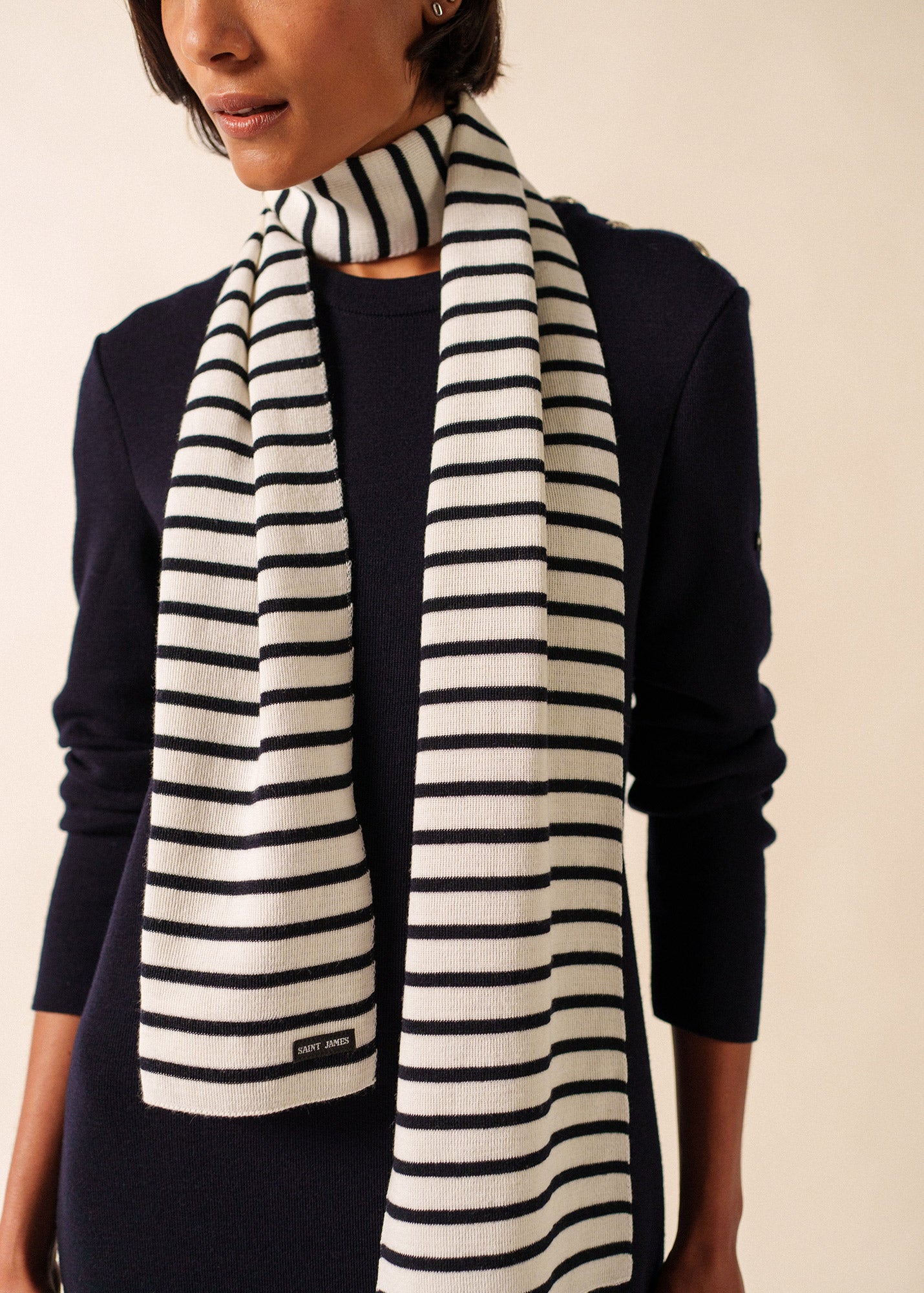 Striped Scarf - Duguay Wool Blend - Ivory & Navy • Saint James USA